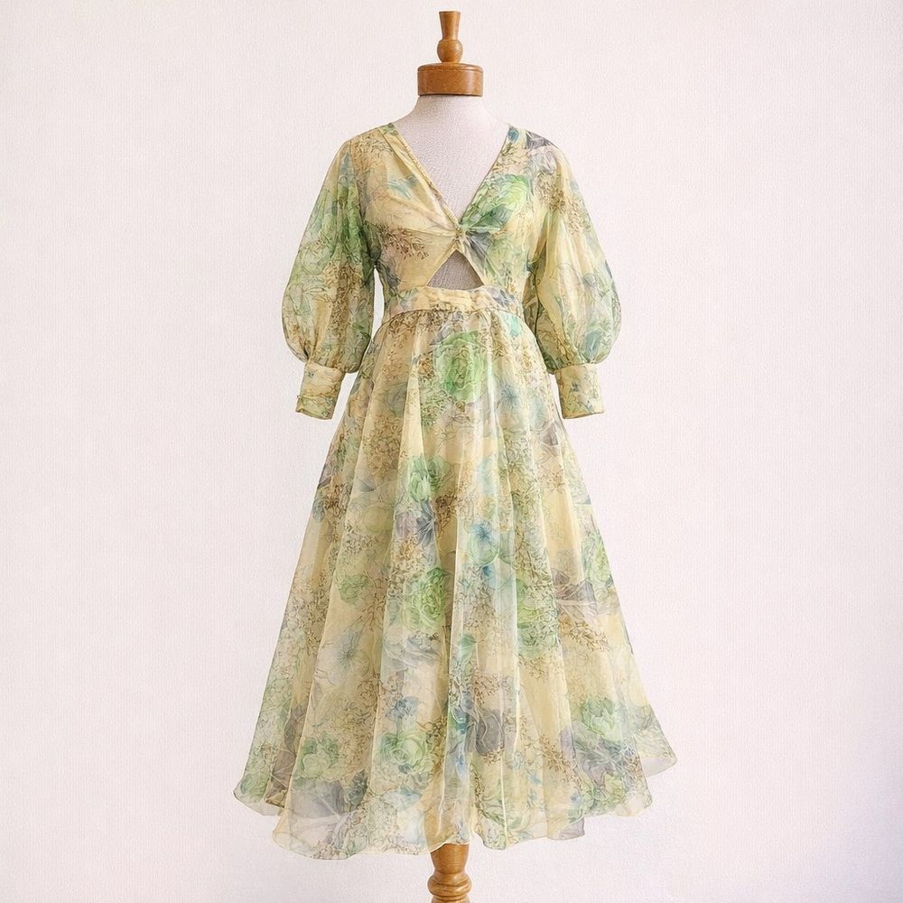 ASOS Edition Floral Organza Midi Dress Puff Sleeve Cutout Romantic $270